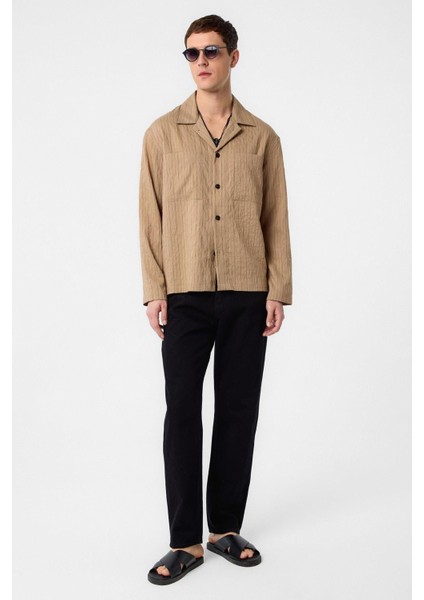 Açık Kahve Modal Kumaş Çizgili Erkek Gömlek fiyatları