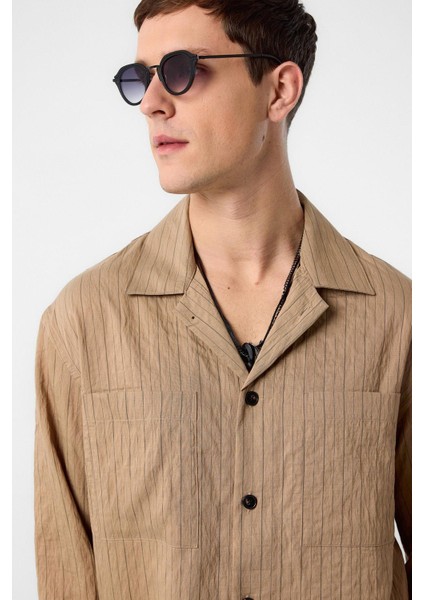 Açık Kahve Modal Kumaş Çizgili Erkek Gömlek modelleri