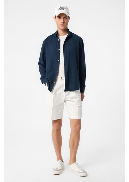 Lacivert Keten Karışımlı Yaka Düğmeli Erkek Gömlek fiyatları