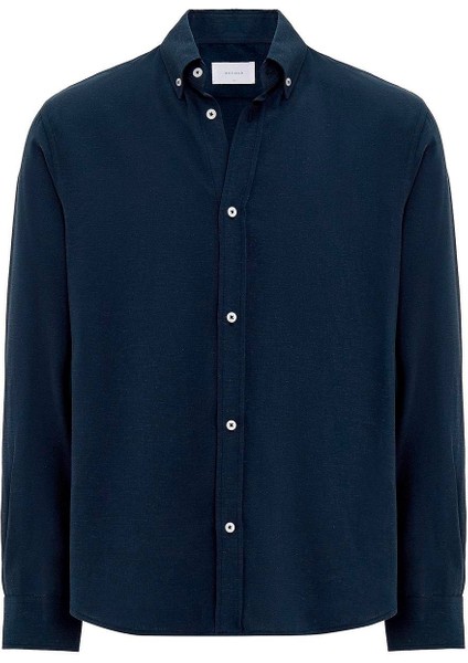 Lacivert Keten Karışımlı Yaka Düğmeli Erkek Gömlek indirimleri