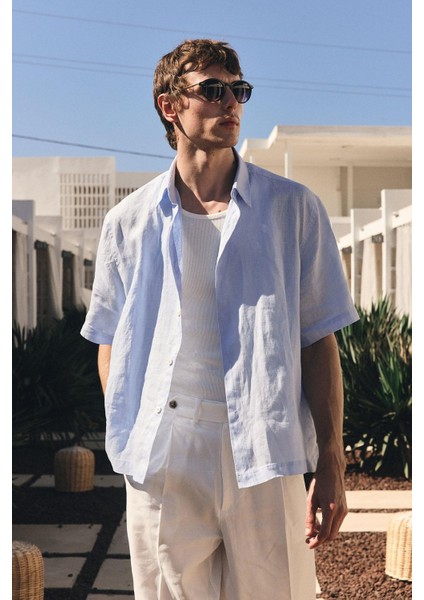 Bebe Mavi 100% Keten Relaxed Erkek Gömlek