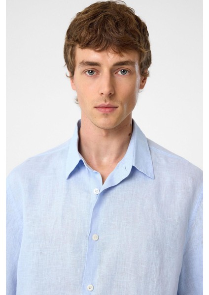 Bebe Mavi 100% Keten Relaxed Erkek Gömlek