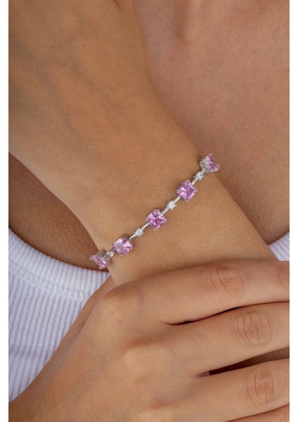 Pembe Taşlı Sıralı Su Yolu Gümüş Bileklik