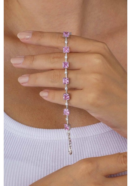 Pembe Taşlı Sıralı Su Yolu Gümüş Bileklik modelleri