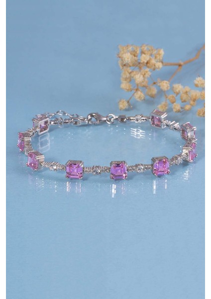 Pembe Taşlı Sıralı Su Yolu Gümüş Bileklik fırsatları