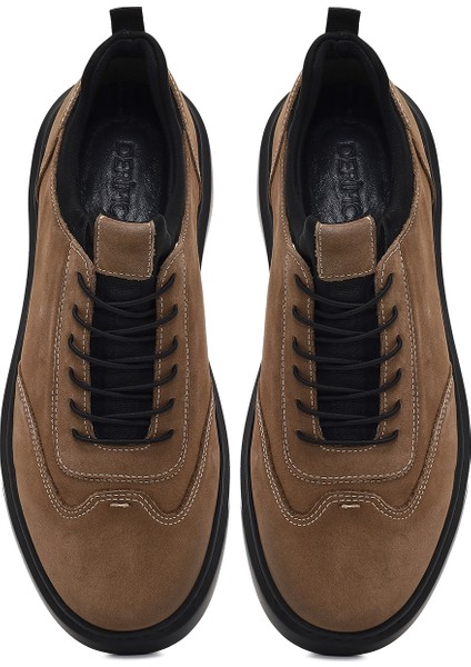 Erkek Vizon Bağcıklı Kalın Tabanlı Nubuk Deri Sneaker 25WFD6851V3
