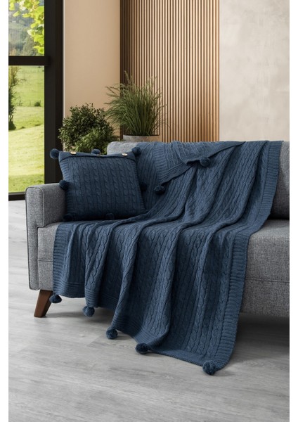 2'li Takım Triko Örgü Kırlent Kılıfı & Tv Battaniyesi - Omuz & Koltuk Şalı Seti - Indigo