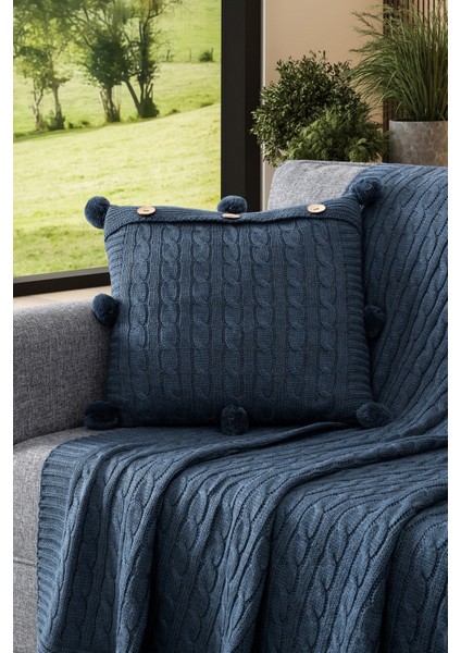 2'li Takım Triko Örgü Kırlent Kılıfı & Tv Battaniyesi - Omuz & Koltuk Şalı Seti - Indigo fiyatları