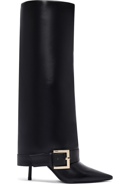 Kadın Siyah Tokalı Ince Topuklu Deri Çizme 25WFD491818
