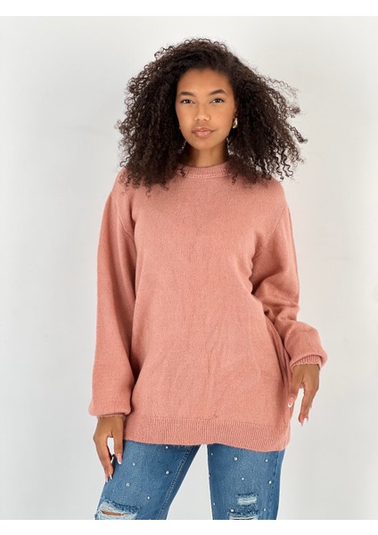 Kadın Bisiklet Yaka Balon Kol Gül Kurusu Triko Kazak