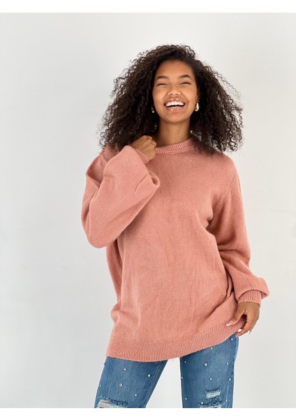 Kadın Bisiklet Yaka Balon Kol Gül Kurusu Triko Kazak modelleri