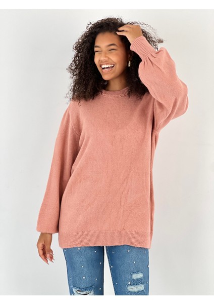 Kadın Bisiklet Yaka Balon Kol Gül Kurusu Triko Kazak fırsatları