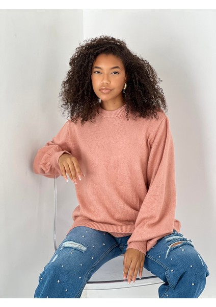 Kadın Bisiklet Yaka Balon Kol Gül Kurusu Triko Kazak