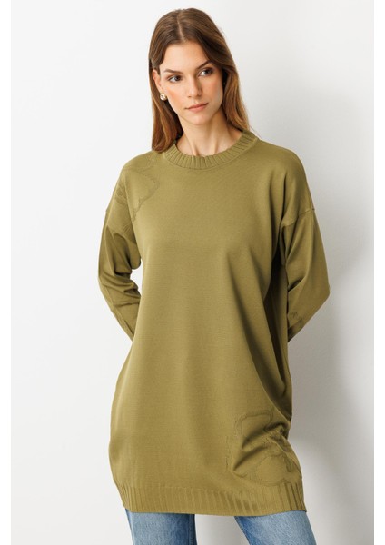 Kabartma Çiçek Desenli Triko Tunik-Y.yeşili indirimleri