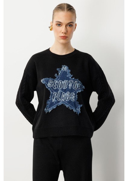 Kot Yıldız Detaylı Triko Kazak-SİYAH