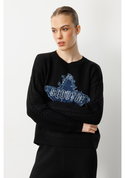 Kot Yıldız Detaylı Triko Kazak-SİYAH fiyatları