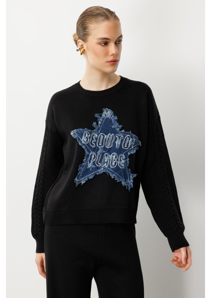 Kot Yıldız Detaylı Triko Kazak-SİYAH modelleri