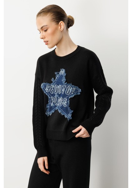 Kot Yıldız Detaylı Triko Kazak-SİYAH fırsatları