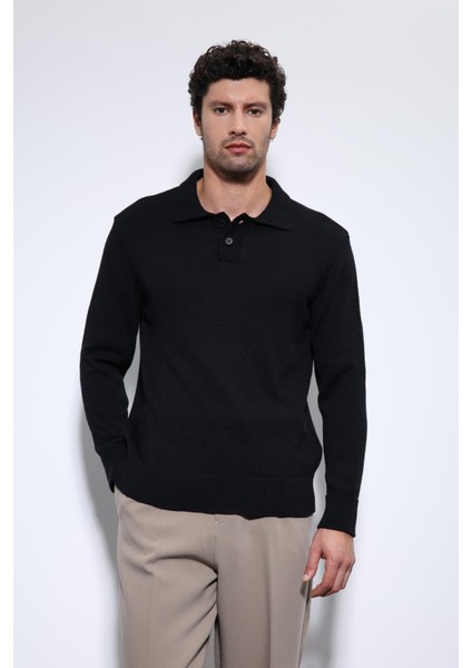 Siyah Polo Yaka Basic Erkek Kazak modelleri