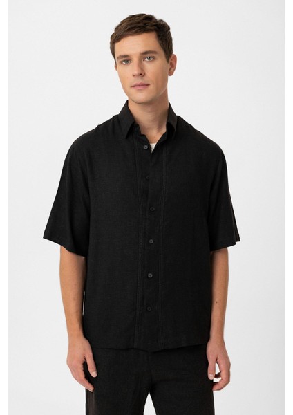 Siyah Keten Karışımlı Relaxed Erkek Gömlek