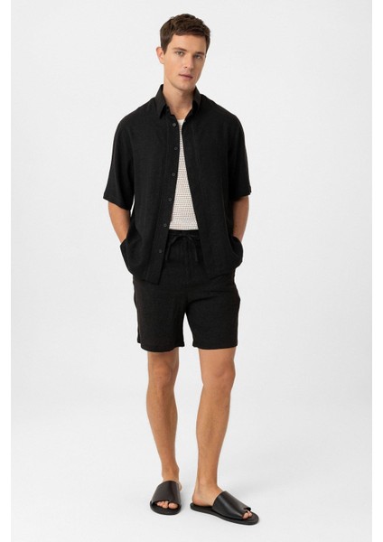 Siyah Keten Karışımlı Relaxed Erkek Gömlek fiyatları