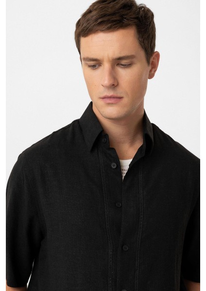 Siyah Keten Karışımlı Relaxed Erkek Gömlek indirimleri
