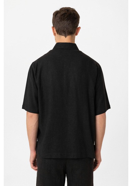 Siyah Keten Karışımlı Relaxed Erkek Gömlek