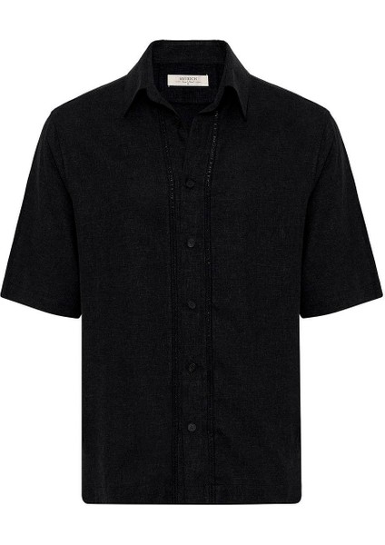 Siyah Keten Karışımlı Relaxed Erkek Gömlek