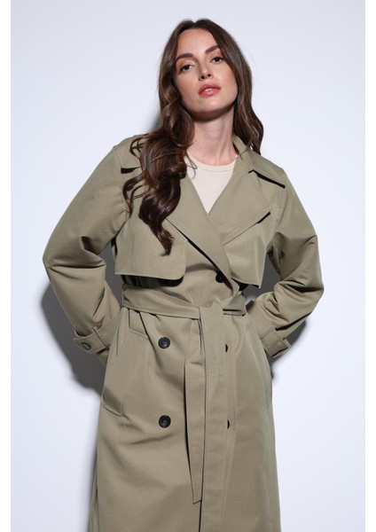 Haki Kruvaze Kemerli Kadın Trençkot modelleri