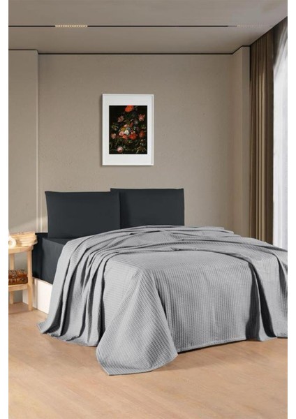 Kristal Bamboo Lastikli Çarşaflı Çift Kişilik Pike Takımı Gri