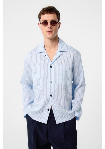 Mavi Modal Kumaş Çizgili Erkek Gömlek