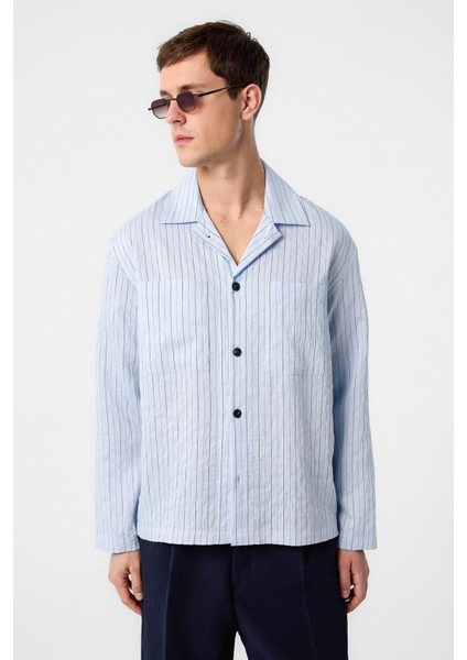 Mavi Modal Kumaş Çizgili Erkek Gömlek fiyatları