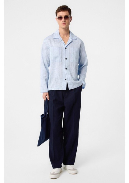 Mavi Modal Kumaş Çizgili Erkek Gömlek modelleri