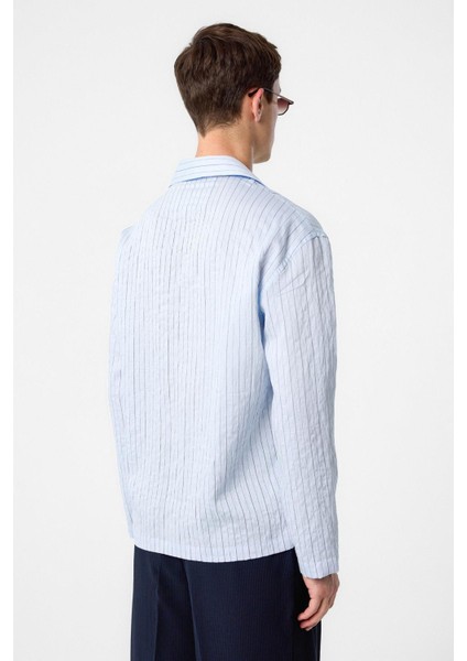 Mavi Modal Kumaş Çizgili Erkek Gömlek