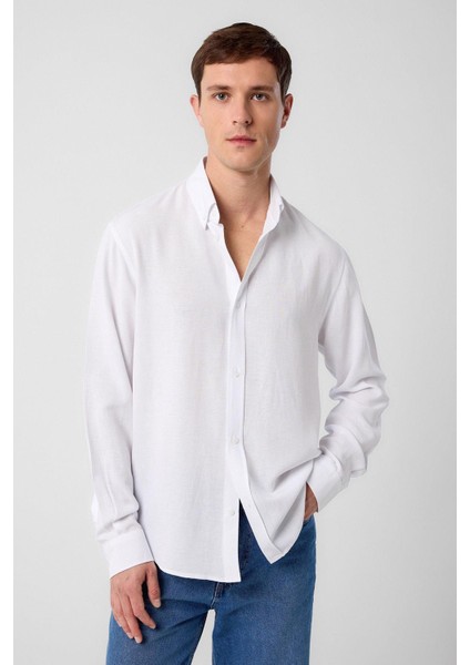 Beyaz Relax Fit Keten Karışımlı Erkek Gömlek
