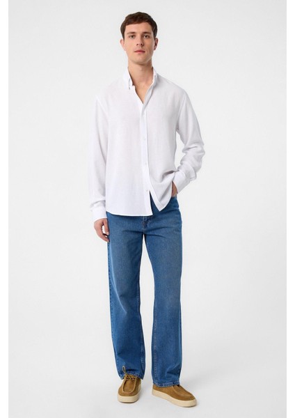 Beyaz Relax Fit Keten Karışımlı Erkek Gömlek fiyatları