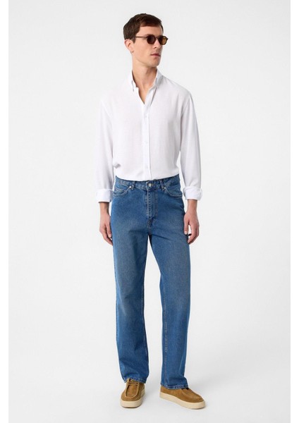 Beyaz Relax Fit Keten Karışımlı Erkek Gömlek modelleri