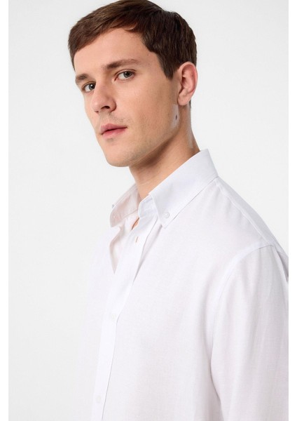 Beyaz Relax Fit Keten Karışımlı Erkek Gömlek fırsatları