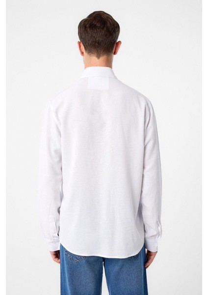 Beyaz Relax Fit Keten Karışımlı Erkek Gömlek indirimleri