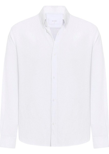 Beyaz Relax Fit Keten Karışımlı Erkek Gömlek