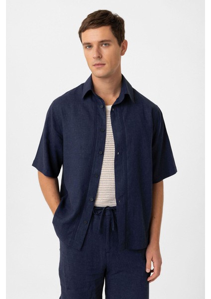 Lacivert Keten Karışımlı Relaxed Erkek Gömlek