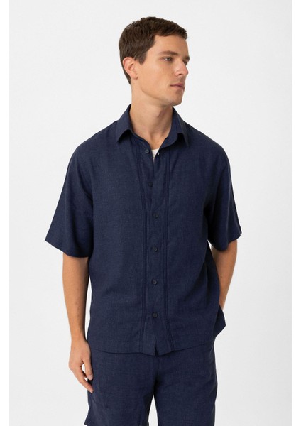 Lacivert Keten Karışımlı Relaxed Erkek Gömlek fiyatları