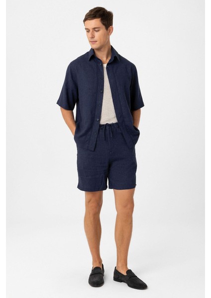 Lacivert Keten Karışımlı Relaxed Erkek Gömlek modelleri