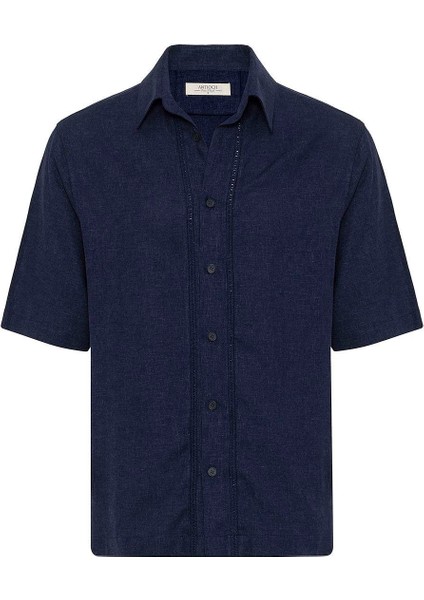 Lacivert Keten Karışımlı Relaxed Erkek Gömlek indirimleri