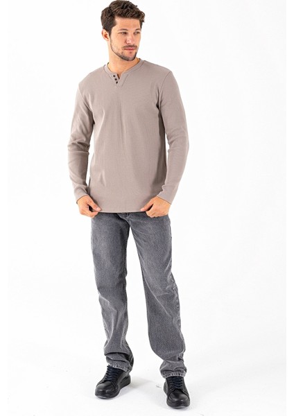 Erkek V Yaka Düğme Detaylı Dokulu Sweatshirt Taş - 5524