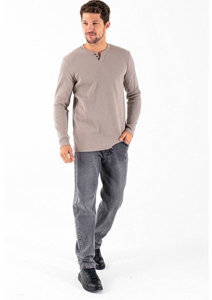 Erkek V Yaka Düğme Detaylı Dokulu Sweatshirt Taş - 5524 fiyatları