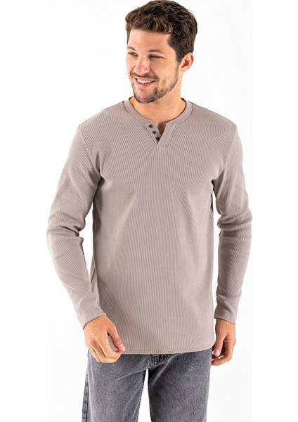 Erkek V Yaka Düğme Detaylı Dokulu Sweatshirt Taş - 5524 fırsatları