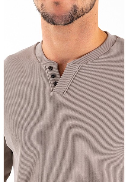 Erkek V Yaka Düğme Detaylı Dokulu Sweatshirt Taş - 5524 indirimleri