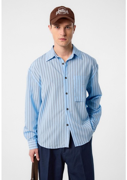 Mavi Relax Fit Çizgili Erkek Gömlek