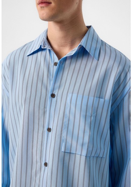 Mavi Relax Fit Çizgili Erkek Gömlek fırsatları